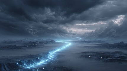 Obraz premium Glowing Blue Line of Least Resistance in a Dramatic Matte Painting Landscape