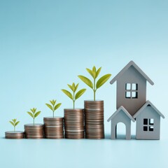 Investment Growth & Real Estate: A compelling visual symbolizing financial growth and prosperity, with stacks of coins ascending alongside miniature house models, complemented by growing green plants.