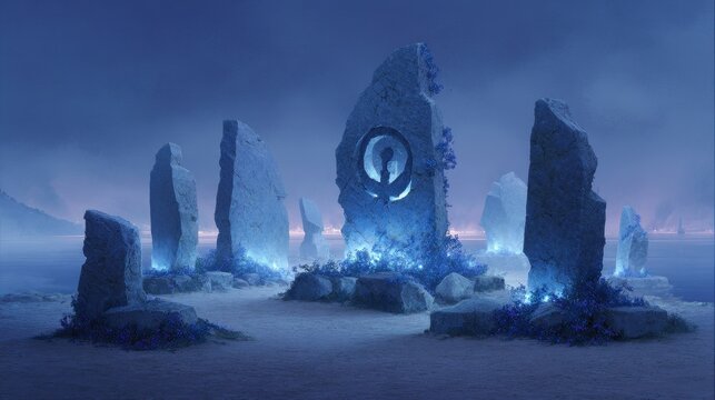 Ethereal Blue Hour Scene with Manichean Symbols and Glowing Stone Monoliths by the Water