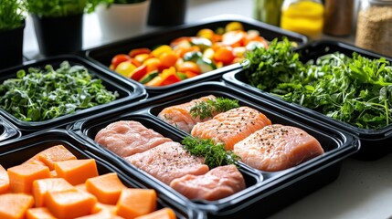 Fototapeta premium Fresh Ingredients for Healthy Meal Prep with Fish and Vegetables