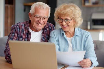 Happy senior couple managing their finances together with a laptop