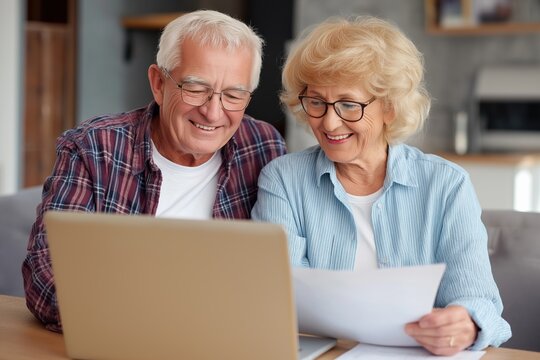 Happy senior couple managing their finances together with a laptop