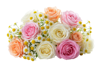 Bouquet of Roses and Chamomile Flowers in Soft Pastel Tones