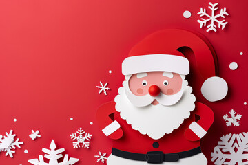 Santa Claus paper cutout illustration with snowflakes on vibrant red background for Christmas