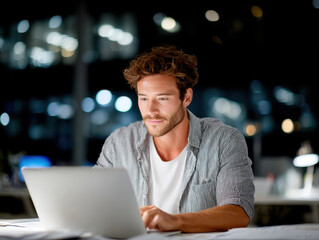 Focused businessman working late at night using laptop in office