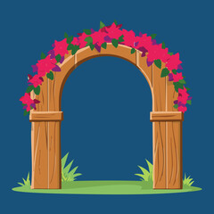 Fototapeta premium A beautiful illustration of a rustic wooden archway, decorated with vibrant red roses and green leaves, against a deep blue background, perfect for a wedding or garden design