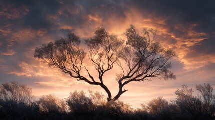 Silhouetted Mallee Tree Against Vibrant Sunset Sky with Dramatic Cloud Patterns