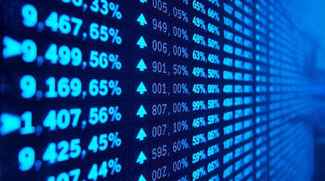 A dynamic, close-up, and highly detailed perspective shot of a digital stock market ticker or financial data screen. The image is dominated by a deep, intense blue color palette, giving a futuristic.