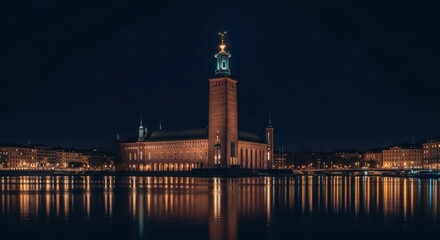 Obraz premium Night View of Historic Brick Building with Tower and Illuminated Reflections on Water