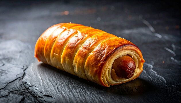 Golden baked pig in a blanket on a dark slate surface, perfect for food blogs or menus.