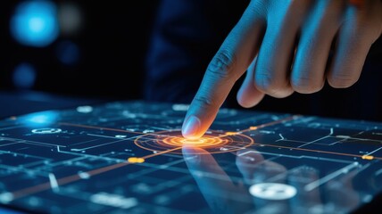 Technological Interaction: A close-up shot of a finger making contact with the glowing interface of a high-tech device, sparking an immediate response and interaction.