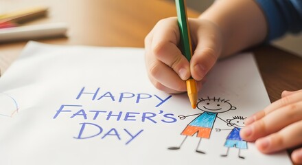 A child's hand holding a crayon, drawing a picture that says "Happy Father's Day" with stick figures of a father and child.