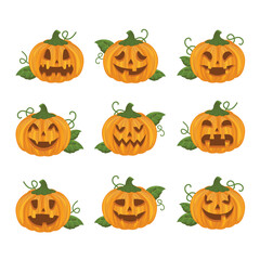 Nine jackolanterns with carved faces