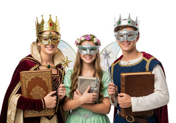 Fantasy Royal Characters in Costumes Holding Books and Wearing Decorative Masks