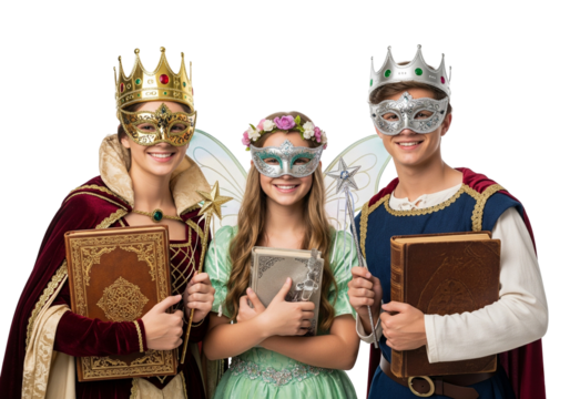 Fantasy Royal Characters in Costumes Holding Books and Wearing Decorative Masks