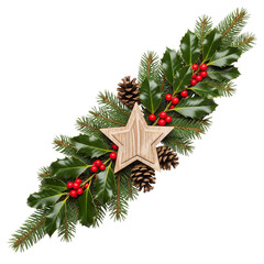 Christmas Decoration with Evergreen, Red Berries, Pinecones, and Wooden Star