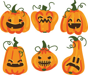 Set of six cartoon halloween pumpkins with carved faces