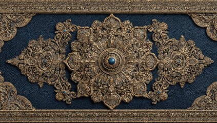 Ornate gold and blue decorative panel with detailed, intricate floral patterns and accents of teal gemstones.