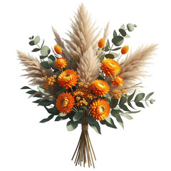 Rustic Bouquet with Pampas Grass, Orange Strawflowers, and Eucalyptus on White Background