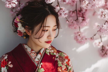 Fototapeta premium Woman in kimono with cherry blossoms during springtime