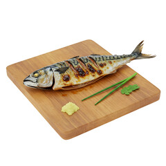 Grilled Mackerel on Wooden Board with Ginger, Wasabi, and Chives Garnish
