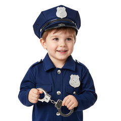 Smiling Child in Police Officer Costume Holding Toy Handcuffs on White Background