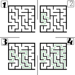 Illustration with labyrinth, maze conundrum for kids. Baby puzzle with entry and exit. Children puzzle game. 4 steps to complete the maze.