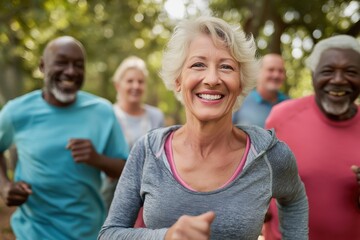 Happy senior woman leading a diverse group of friends on a jog outdoors
