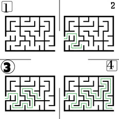 Illustration with labyrinth, maze conundrum for kids. Baby puzzle with entry and exit. Children puzzle game. 4 steps to complete the maze.