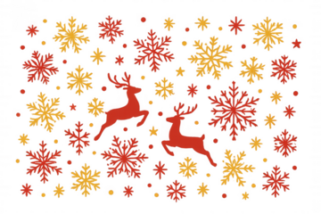 Red reindeer and yellow snowflakes forming a winter holiday pattern on transparent background