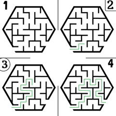 Illustration with labyrinth, maze conundrum for kids. Baby puzzle with entry and exit. Children puzzle game. 4 steps to complete the maze.