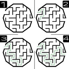 Illustration with labyrinth, maze conundrum for kids. Baby puzzle with entry and exit. Children puzzle game. 4 steps to complete the maze.