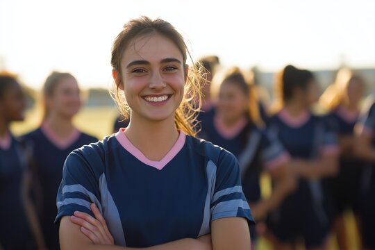 Confident young female soccer player smiling with her team in the background
