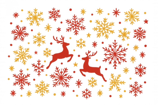 Red reindeer and yellow snowflakes forming a winter holiday pattern on transparent background