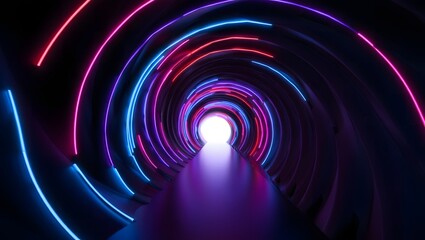 Vibrant neon tunnel with swirling lights leading to a bright futuristic destination