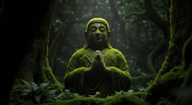 Ancient mossy buddha statue in forest. Old stone sculpture covered with green moss. Mystical zen garden for meditation.