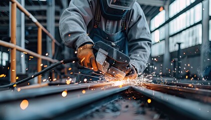 A welder uses a grinder on metal, sparks flying, in an industrial setting