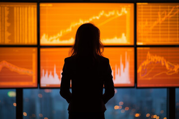Businesswoman observing financial data trends in a city office