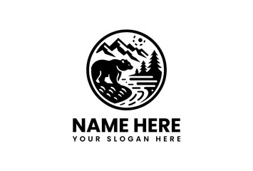 Black and White Bear Logo with Mountains Trees and Water.