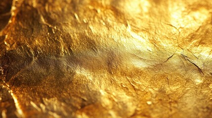 A close up view of a crumpled gold foil surface showing textures and highlights with a blurred background