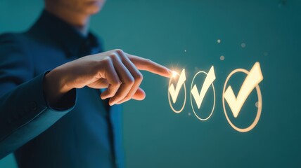 Efficiency at a Glance: A modern office environment showcases a person's focused interaction with virtual checkmarks, representing a dedication to streamlined organization and performance.