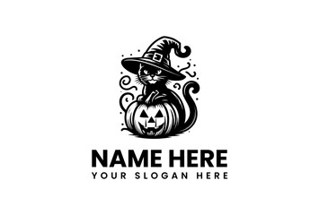 Black Cat in Witch Hat Perched on Carved Pumpkin for Halloween.