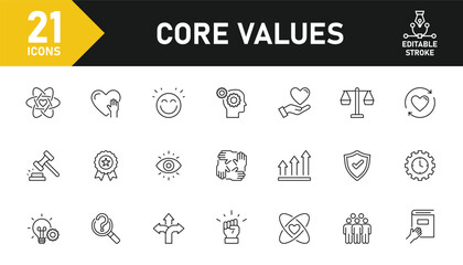 Core Values line icon set. Set of 21 outline icons related to core values, innovation, integrity, trust, teamwork, vision, motivation, goal and others. Editable stroke. Vector illustration.