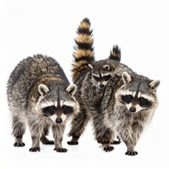 Obraz premium Happy raccoon family playing around, isolated on a white background.