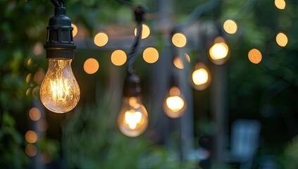Warm-toned incandescent bulbs strung along a wire, softly illuminating a verdant, out-of-focus background at dusk