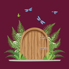 A charming wooden gate surrounded by lush green ferns and fluttering dragonflies.