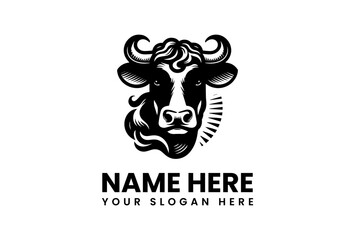 Bold Black and White Cow Head Logo with Curly Hair and Horns.