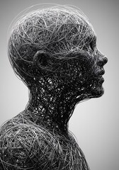 Abstract profile of a human figure formed by intricate, tangled wires representing the complexity of the mind