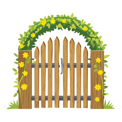 A rustic wooden gate with a simple arch of green vines and yellow flowers.