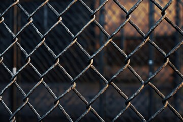 Fototapeta premium Industrial Chain Link Fence with Textured Metal in a Dark, Moody Setting, Creates Strong Contrast.